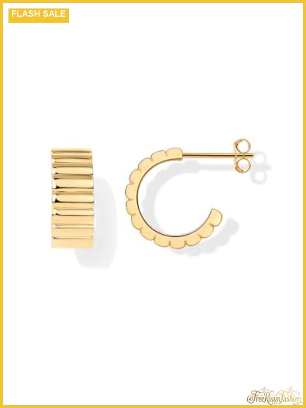 14K Gold Plated Ribbed Hoop Earrings for Women, Chunky Ridged Hoop Earrings
